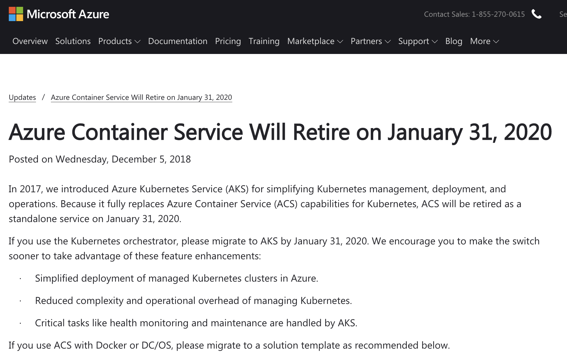 Azure Container Service Retirement Announcement (2019)